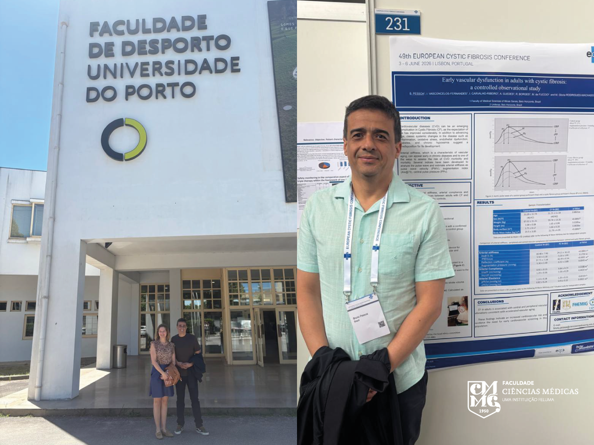Montagem com registro da visita técnica à Universidade do Porto e do professor Bruno Porto durante apresentação de pesquisa na European Cystic Fibrosis Conference.